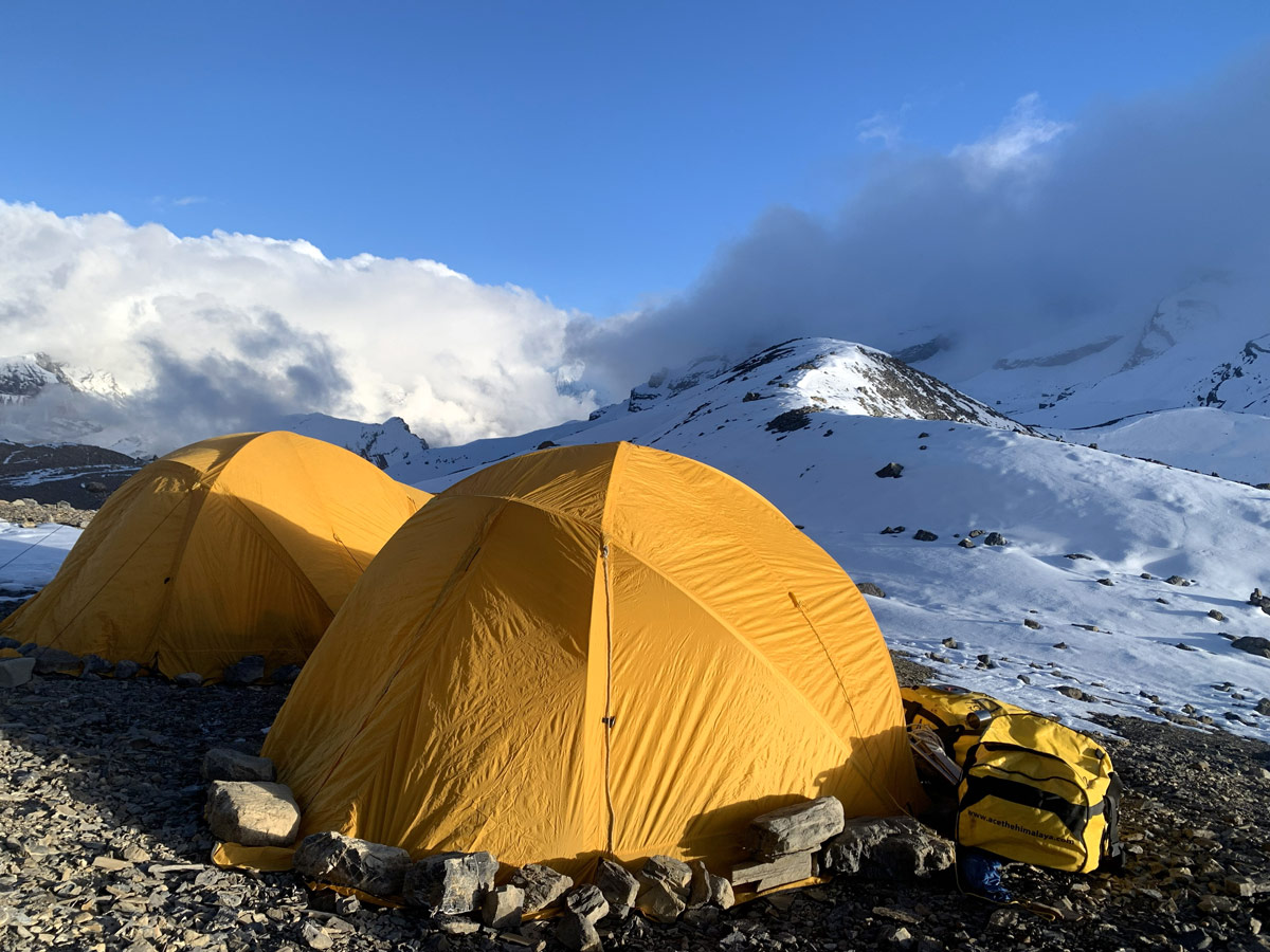 Top Beginner Friendly Mountaineering Peaks in Nepal 8 Climbing tents at Thorong Peak base camp