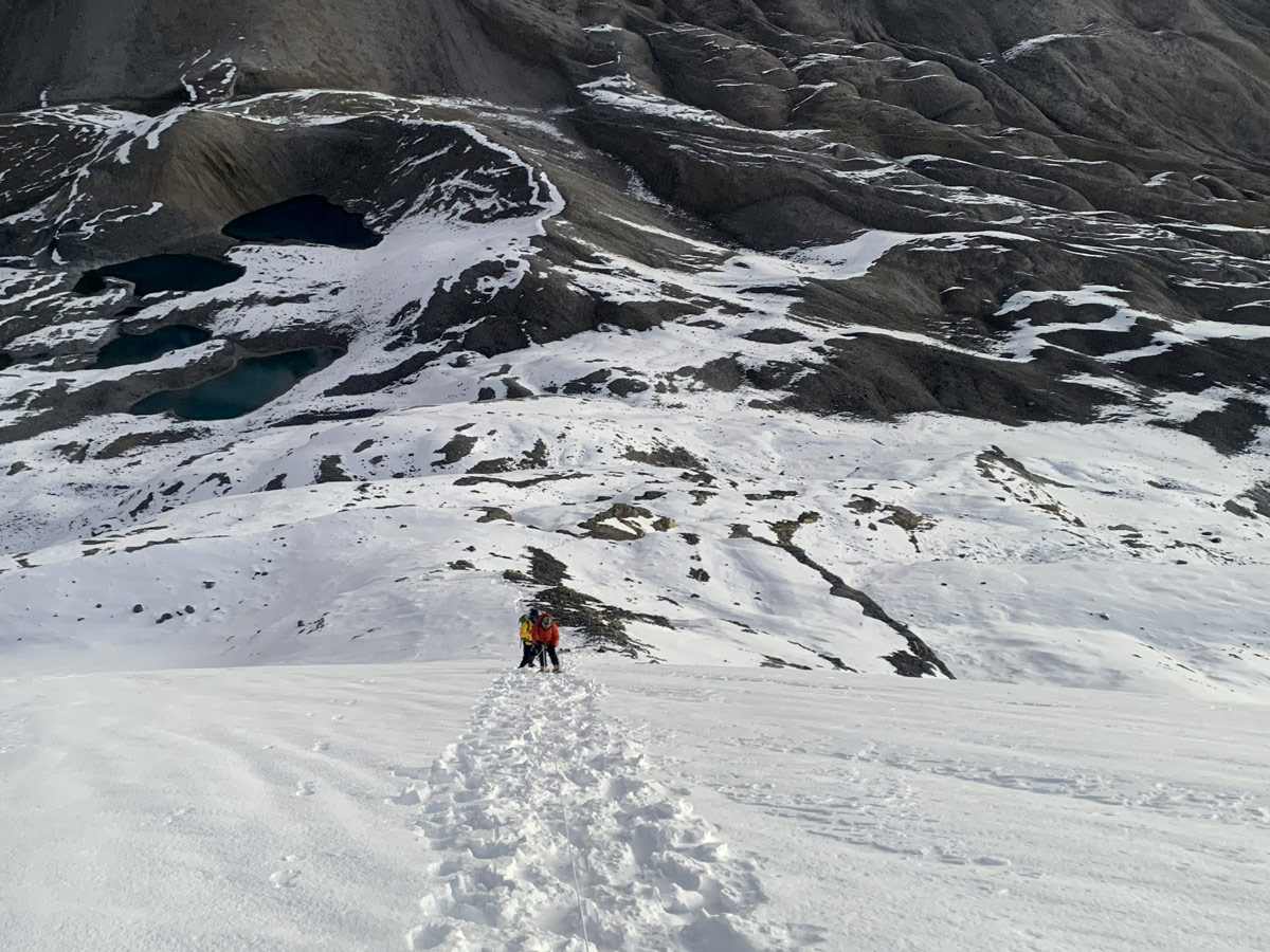 Top Beginner Friendly Mountaineering Peaks in Nepal 9 Climbers climbing Thorong Peak