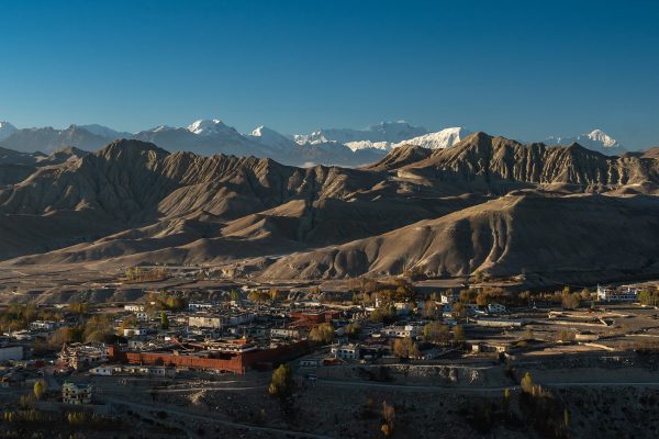 The ancient walled city of Lo Manthang beneath the Himalayas.