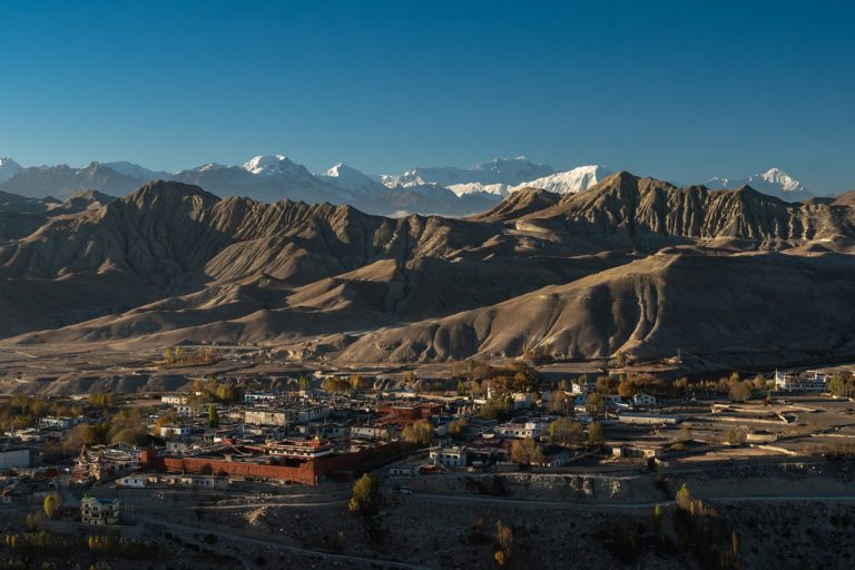 The ancient walled city of Lo Manthang beneath the Himalayas.