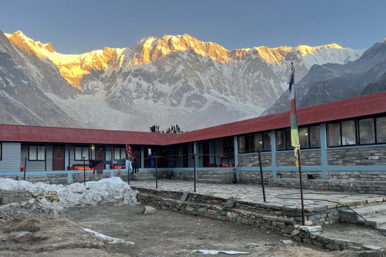 Annapurna I glowing during sunrise from Annapurna Base Camp