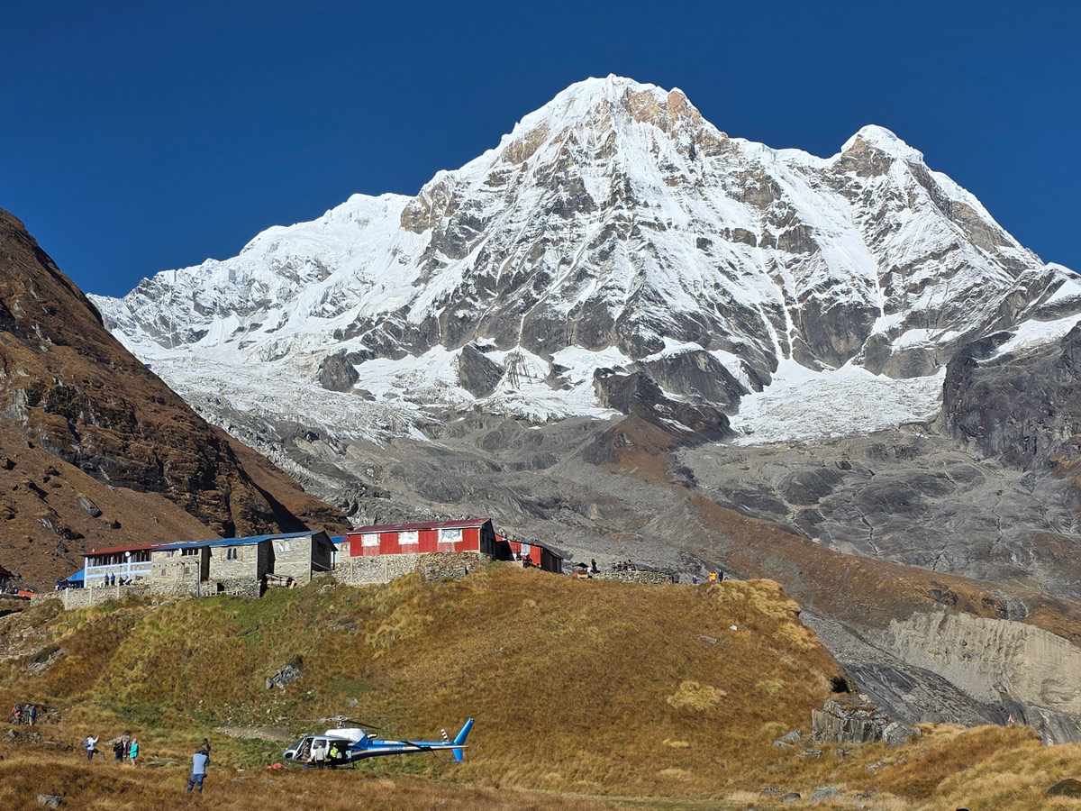 Helicopter ready to take off from Annapurna Base Camp