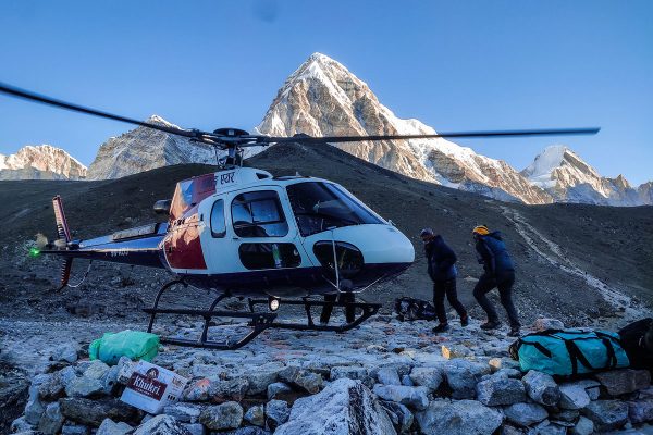 Boarding the helicopter flight from Gorakshep