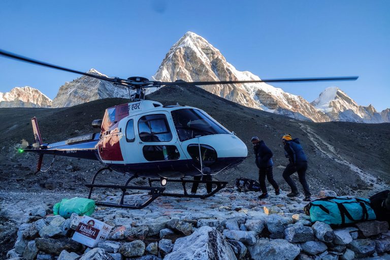 Boarding the helicopter flight from Gorakshep