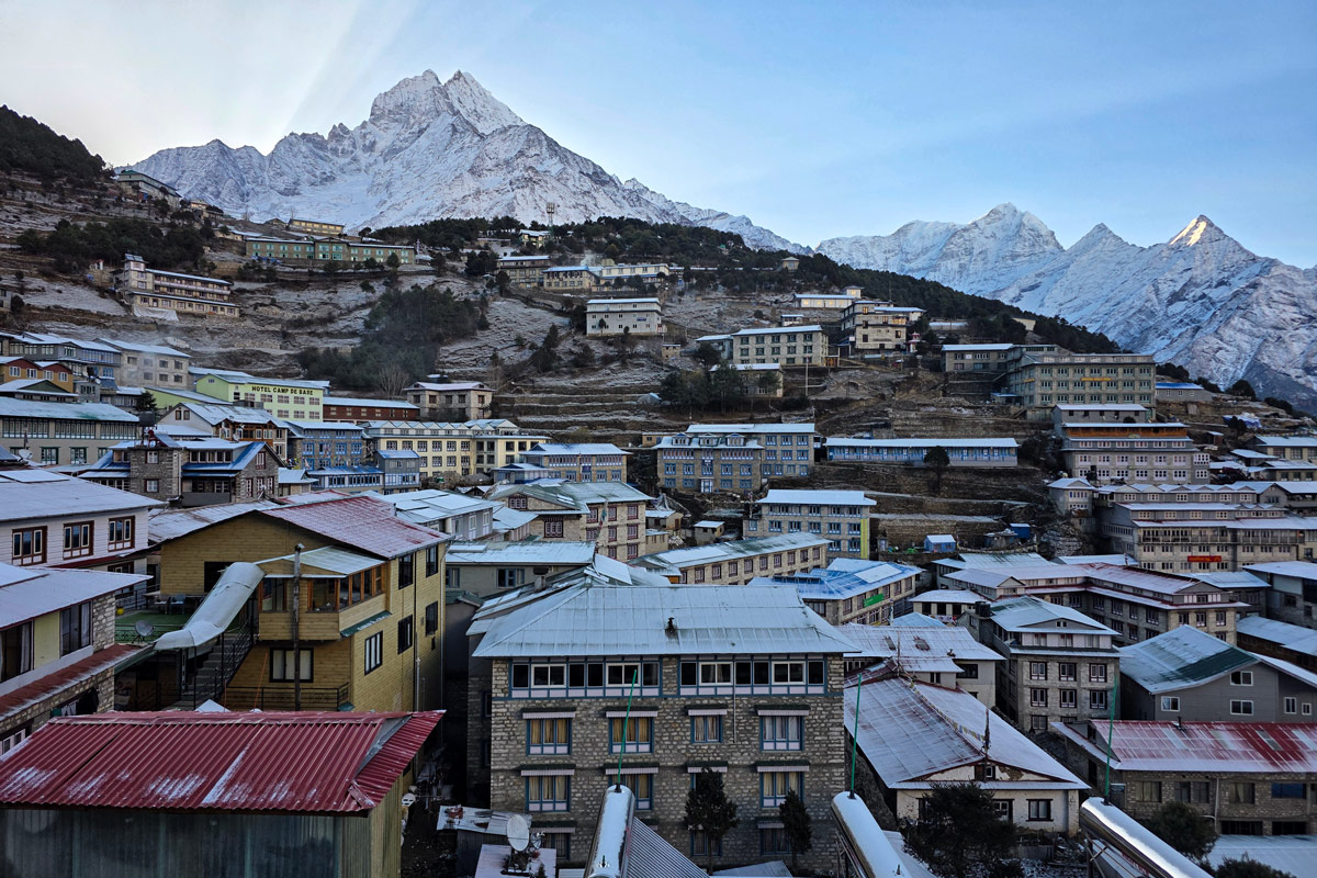 Early morning in Namche Bazaar brushed with snow Early morning in Namche Bazaar brushed with snow