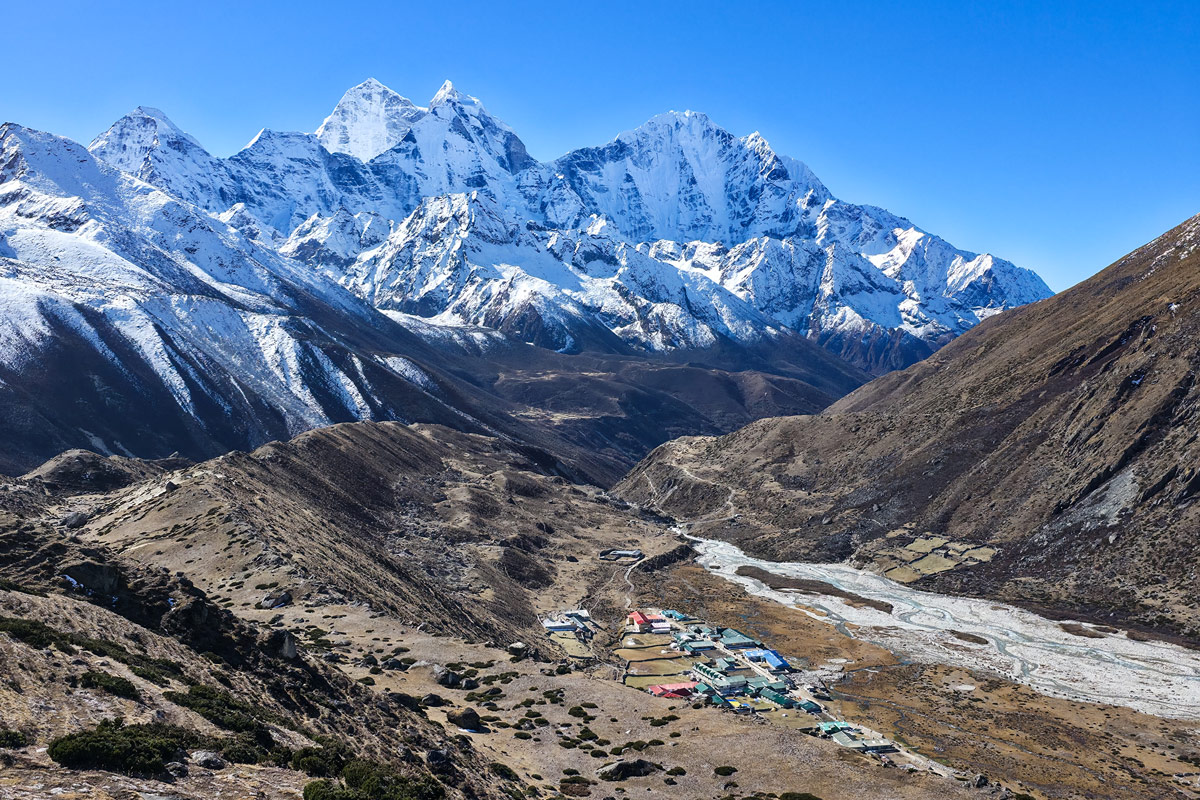 Scenic Pheriche village with stunning mountain vista Scenic Pheriche village with stunning mountain vista