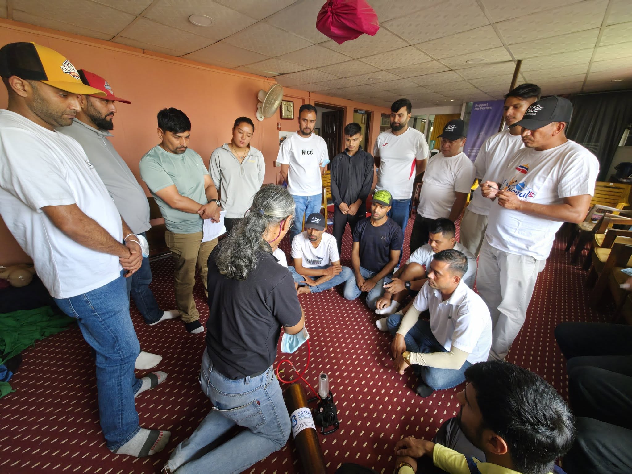 Wilderness First Aid Training at Ace the Himalaya 2 Trekking guides learn how to operate a medical oxygen cylinder during first aid training